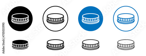 Bear Bottle Cap Line Icon Set. Classic bear bottle with lid top cover symbol in black and blue color. photo