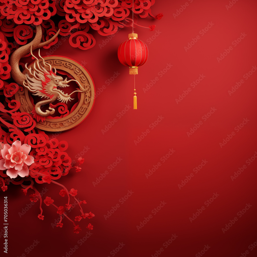 Happy chinese new year, year of the dragon zodiac sign hanging beautiful lantern and flowers on red background. Copy space
Happy chinese new year, year of the dragon zodiac sign hanging beautiful lantern and flowers on red background. Copy space