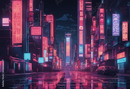 A wallpaper illustration of a night cityscape in anime neo crisp style neon flat colors night sky © ArtisticLens