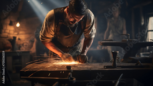 Close-up of blacksmith in apron working with hammer and iron in the workshop. sparks are around the anvil