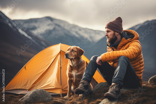Homem sentado ao lado de uma cabana amarela e seu cachorro e ao fundo montanhas - tema acampamento  photo