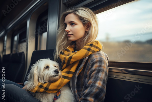 Mulher viajando de trem com seu cachorro fofo photo