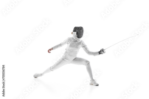 Fencer's footwork and poised stance in mid-bout against a pristine white studio background. Tactical aspect dynamic kind of sport. Concept of professional, sport active lifestyle, fitness, strength.