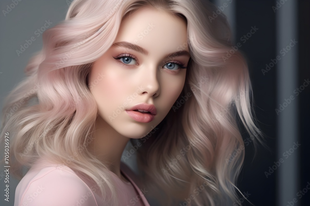 Fototapeta premium Beautiful long Blonde hair face model with makeup, beauty tips for girls, in the style of serene faces, light magenta and beige, subtle