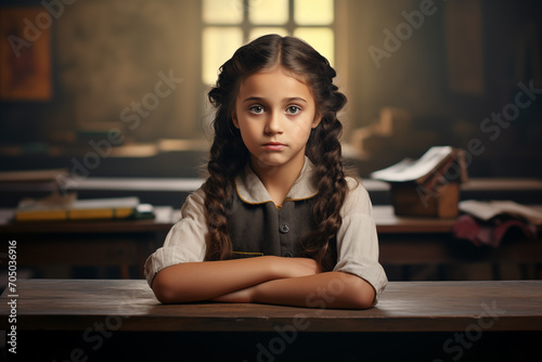 Menina aborrecida sentada em uma sala de aula 
