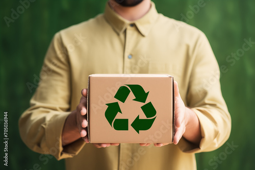Homem segurando uma caixa de papelão com o símbolo de reciclagem  photo