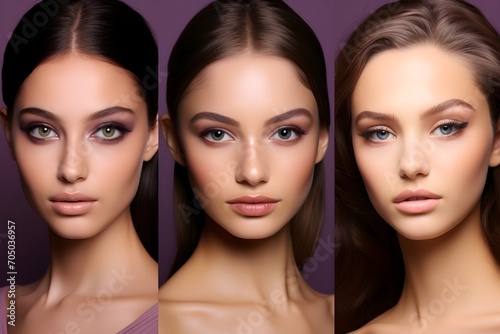 Beautiful dark hair face models with makeup, beauty tips for girls, in the style of serene faces, dark purple, light magenta and beige, subtle photo