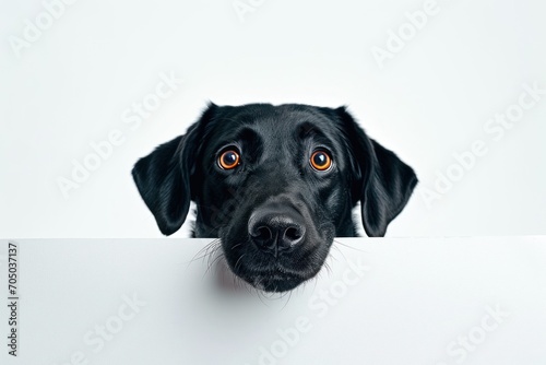 Black Dog Peeks Over White Sign
