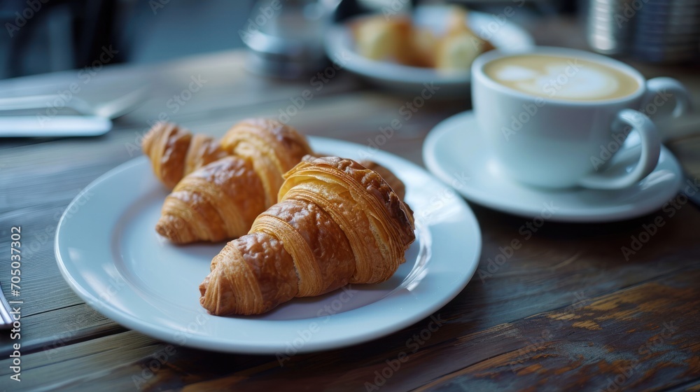 Two Croissants on a Plate Next to a Cup of Coffee Two Croissants on a Plate Next to a Cup of Coffee