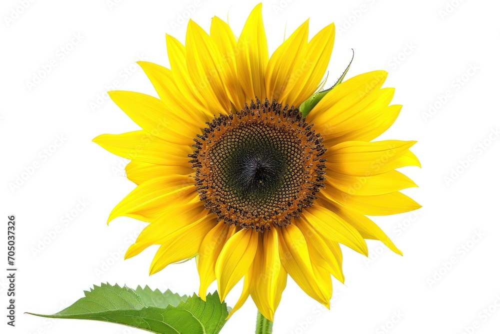 Fototapeta premium Yellow Sunflower With Green Leaves on White Background