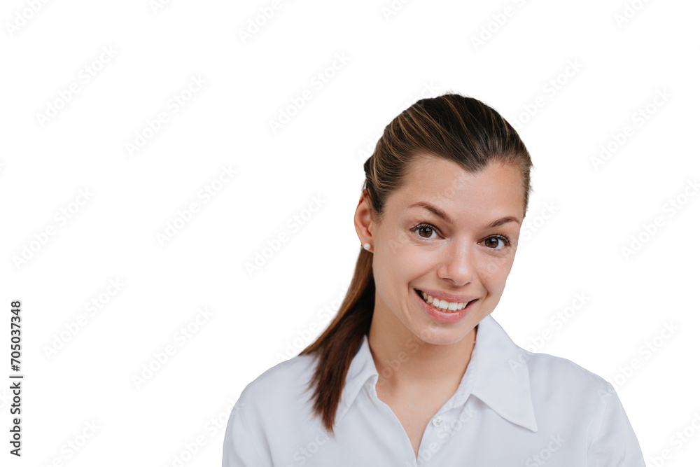 Close up portrait of pretty businesswoman with ponytail toothy smiling looking at camera against transparent background. Open minded student girl in white shirt with empty space. Close up portrait of pretty businesswoman with ponytail toothy smiling looking at camera against transparent background. Open minded student girl in white shirt with empty space.