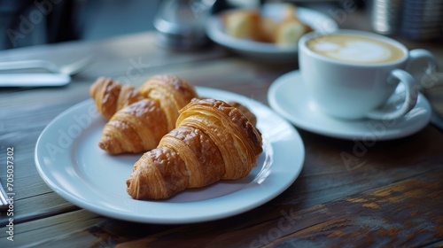 Two Croissants on a Plate Next to a Cup of Coffee