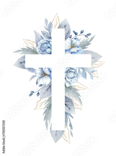 Christian cross with blue flowers and leaves. Easter catholic religious symbol. Vector illustration for Epiphany, Christening, baptism, cards, invitations.