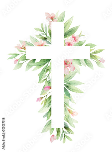 Religious cross with greenery and flowers. Easter catholic religious symbol. Vector illustration for Epiphany, Christening, baptism, cards, invitations.