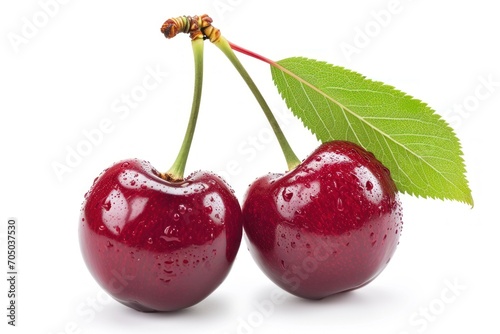 Two Cherries With a Green Leaf on a White Background