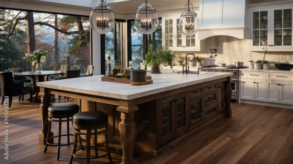 Kitchen interior with island, sink, cabinets and wood floors in a new luxury English style home.