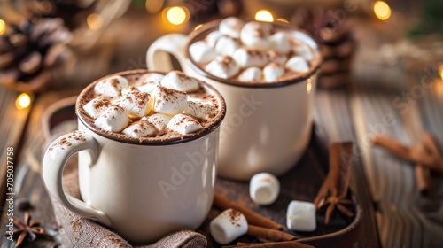 Two Mugs of Hot Chocolate With Marshmallows on a Wooden Table