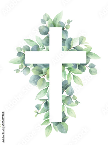 Christianity cross of green eucalyptus leaves. Easter religious symbol. Vector illustration for Epiphany, Christening, baptism, church and holidays.