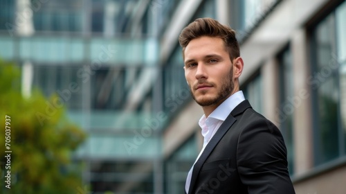 Professional Businessman Standing Confidently in Front of a Corporate Building.