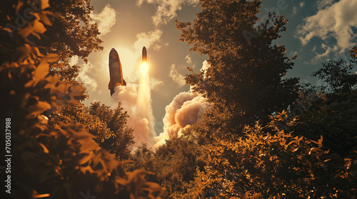 a cloudy sky with a spacecraft taking off from a cloud, in the style of light bronze and orange, high dynamic range, vignetting, romantic scenery, imposing monumentality, luminist, distinctive noses photo