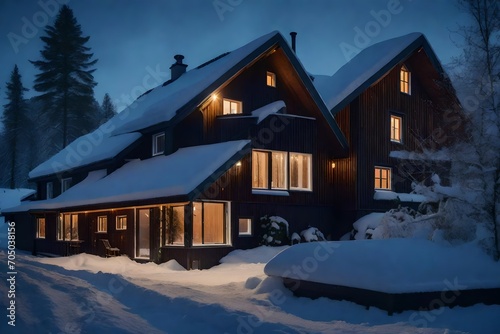 Exterior of Scandinavian house lit by warm lighting in the snow 