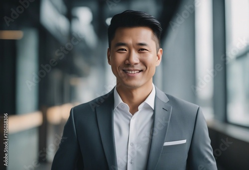 Portrait of a handsome smiling asian businessman boss in a suit standing in his modern business company