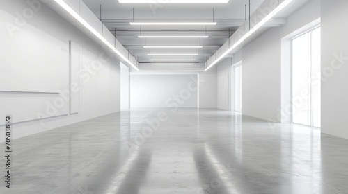 Empty White Room With Bright Overhead Lights, Minimalistic Interior Design Concept