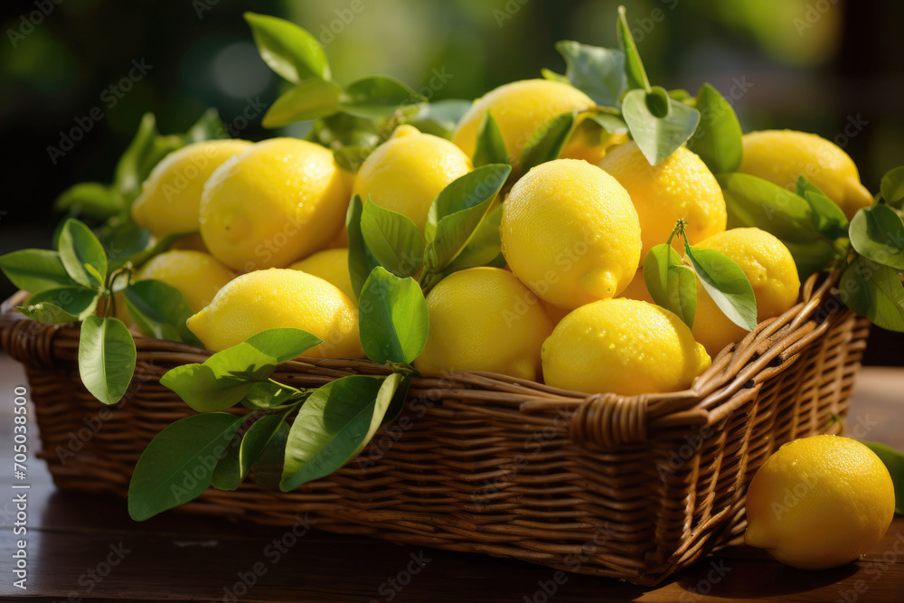 Fresh harvest of lemons in a basket, organic product.