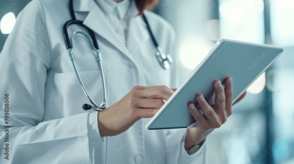 Woman in White Coat Holding Tablet for Medical Purposes, Healthcare Professional With Digital Tools Woman in White Coat Holding Tablet for Medical Purposes, Healthcare Professional With Digital Tools