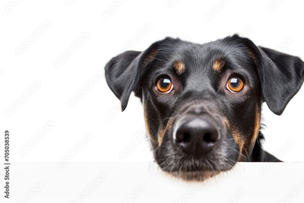 Close Up of Dog Looking Over Sign