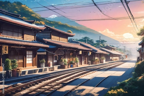 a beautiful japanese village city town in the morning. railway station with shop. anime comics artstyle. cozy lofi asian architecture