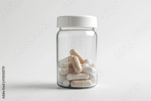 Glass Jar Filled With White Pills, Medication for Health and Wellness in a Meticulously Arranged Container