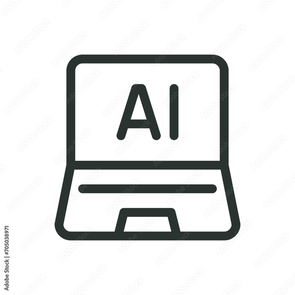AI tech isolated icon, laptop with AI symbol vector icon with editable stroke AI tech isolated icon, laptop with AI symbol vector icon with editable stroke