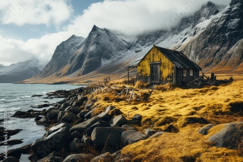 Traditional norwegian wooden cabin to stand on the shore of the fjord and mountains in the distance. Lofoten Islands, Norway, world travel

