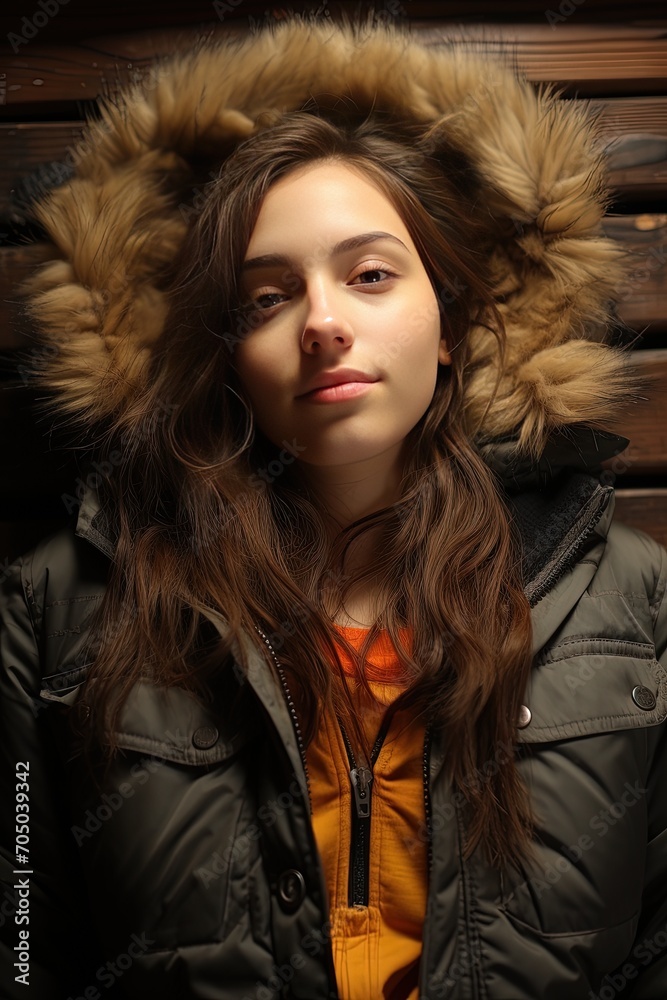Adorable gorgeous young woman with loose brown hair looking at camera with confident facial expression, dressed in a fur jacket.