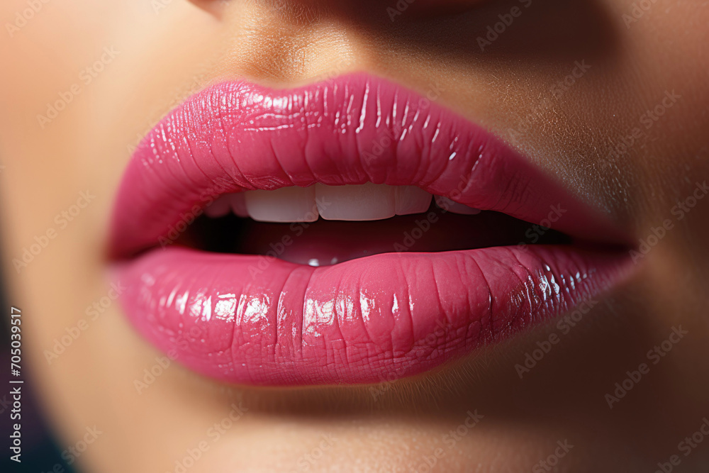 Plump female lips with pink lipstick, lip gloss, close-up. Plump female lips with pink lipstick, lip gloss, close-up.