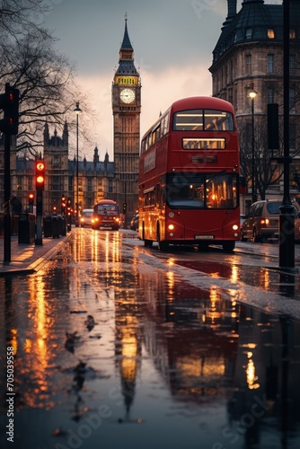 A bustling scene in the heart of London with iconic double decker red bus and big ben clock tower in the background