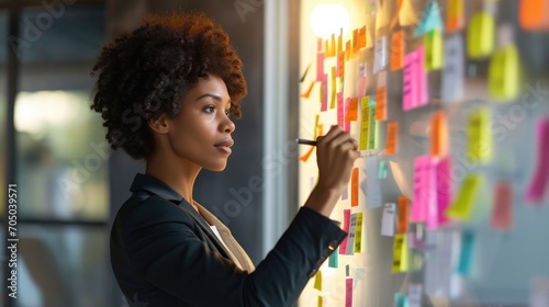 A woman standing in front of a wall full of colorful sticky notes. Young woman working in office and use post it notes to share idea. Communicating together in creative office. Brainstorming concept. photo