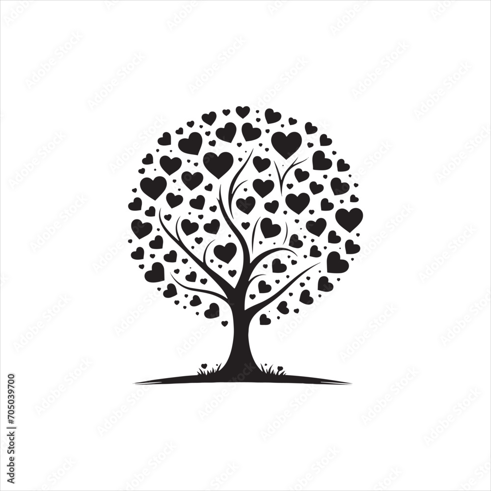 Twilight Whispering Shadows: Captivating Valentine Tree Silhouette for Stock Use - Love Tree Black Vector Stock
