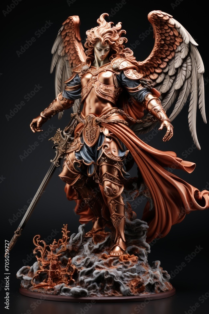Classic sculpture of Archangel Michael isolated on dark background