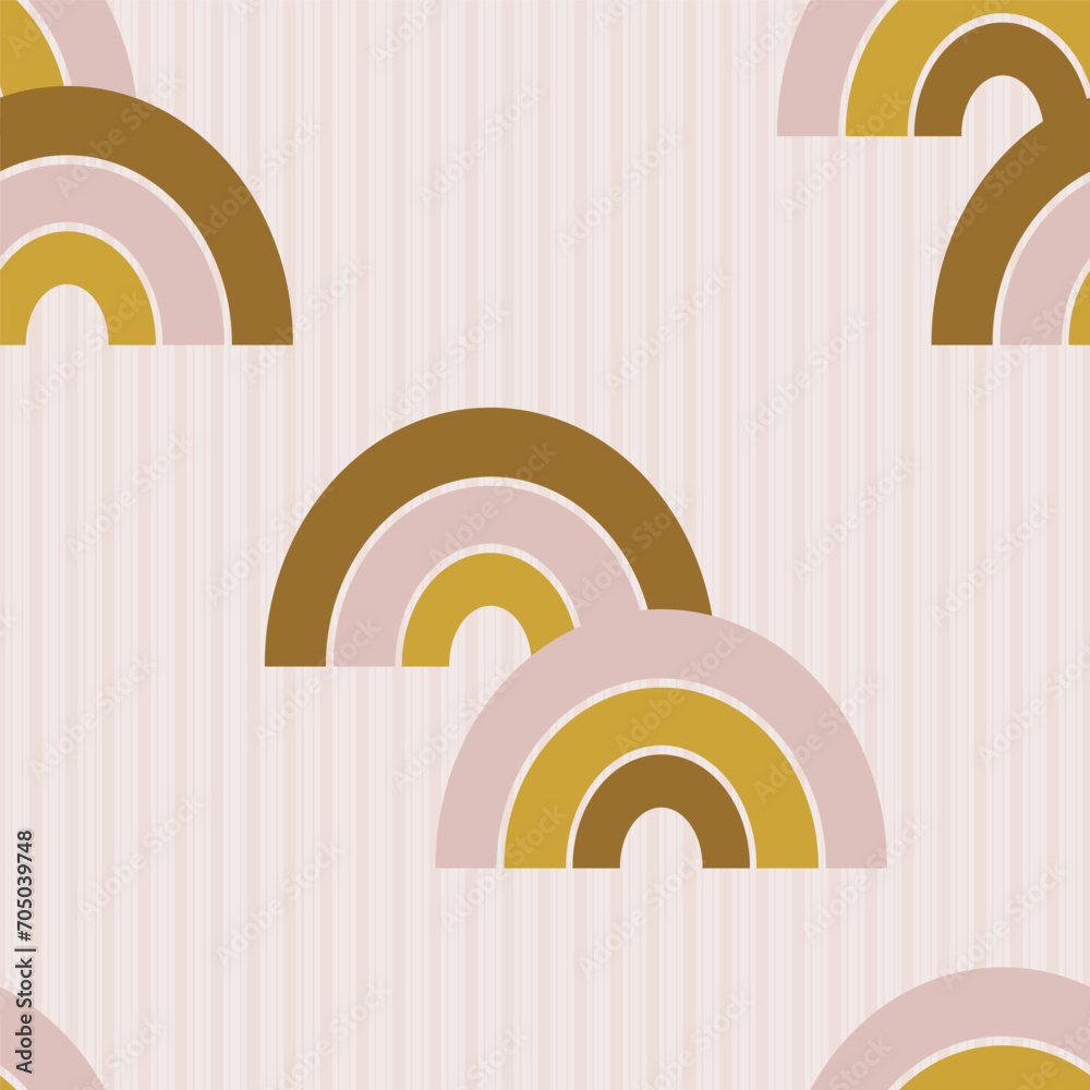 arc shaped colorful decor abstract rainbow elements. Isolated vector pastel colorful seamless pattern on vertical stripped light pink background.