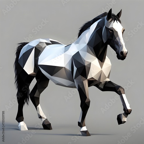 a white and black polygonal horse against a deep black backdrop. Its front legs are raised, emphasizing strength, with a defined and robust body