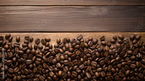 Roasted coffee beans on rustic wooden table background © Alia
