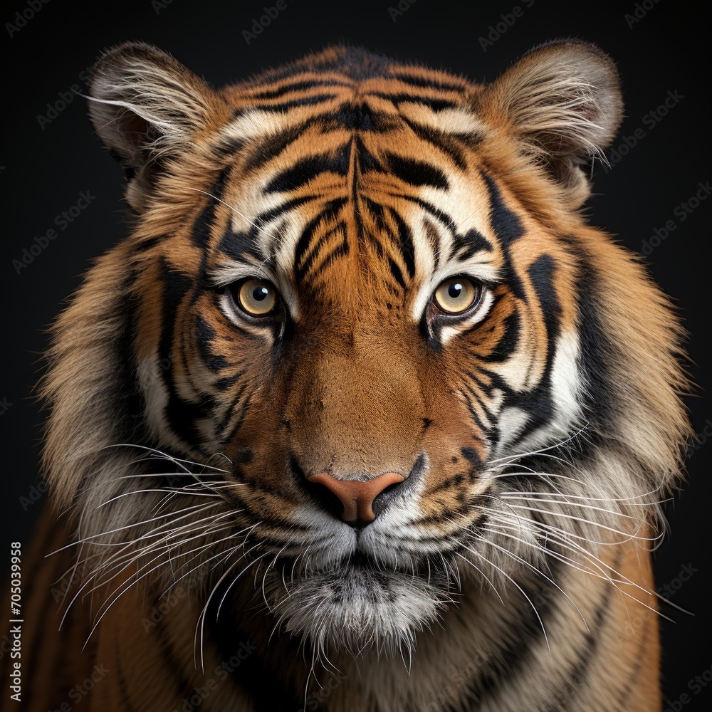 Closeup photo of a face of sumatran tiger isolated on black background
