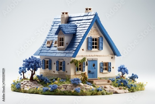 A tiny, detailed model of a charming European house, complete with small windows and a cute roof photo