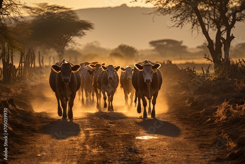 Dairy cow group walkking in dirt road at sunset 