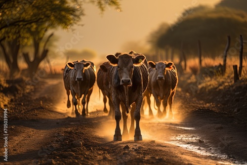A herd of cows walking on the road at sunset in a jungle