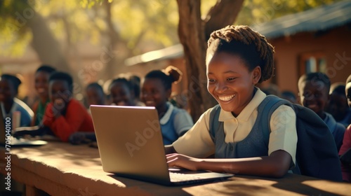  image of a happy Kenyan school children learning coding, summer time photo