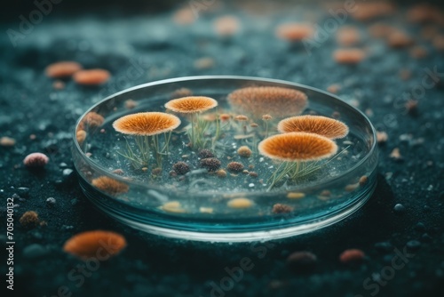 Close-up of multicolored microorganisms, fungi, bacteria in a petri dish in a modern laboratory. Pharmaceutical development of antibiotics, pills, scientific medical experiments concepts.