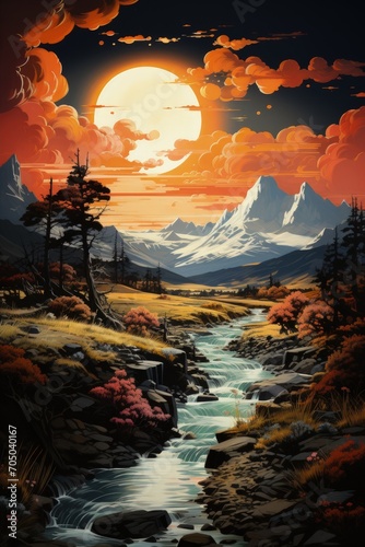 A beautiful drawing of a sunset over a calm landscape, with warm colors filling the sky. photo